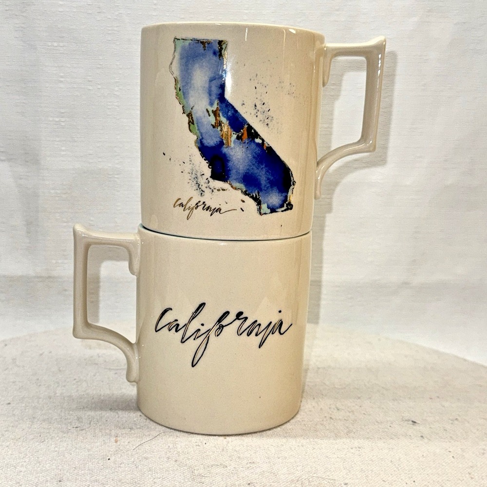 Anthropologie‎ Whitney Winkler California Mugs Set of 2 Cream Blue Teal Boho Art